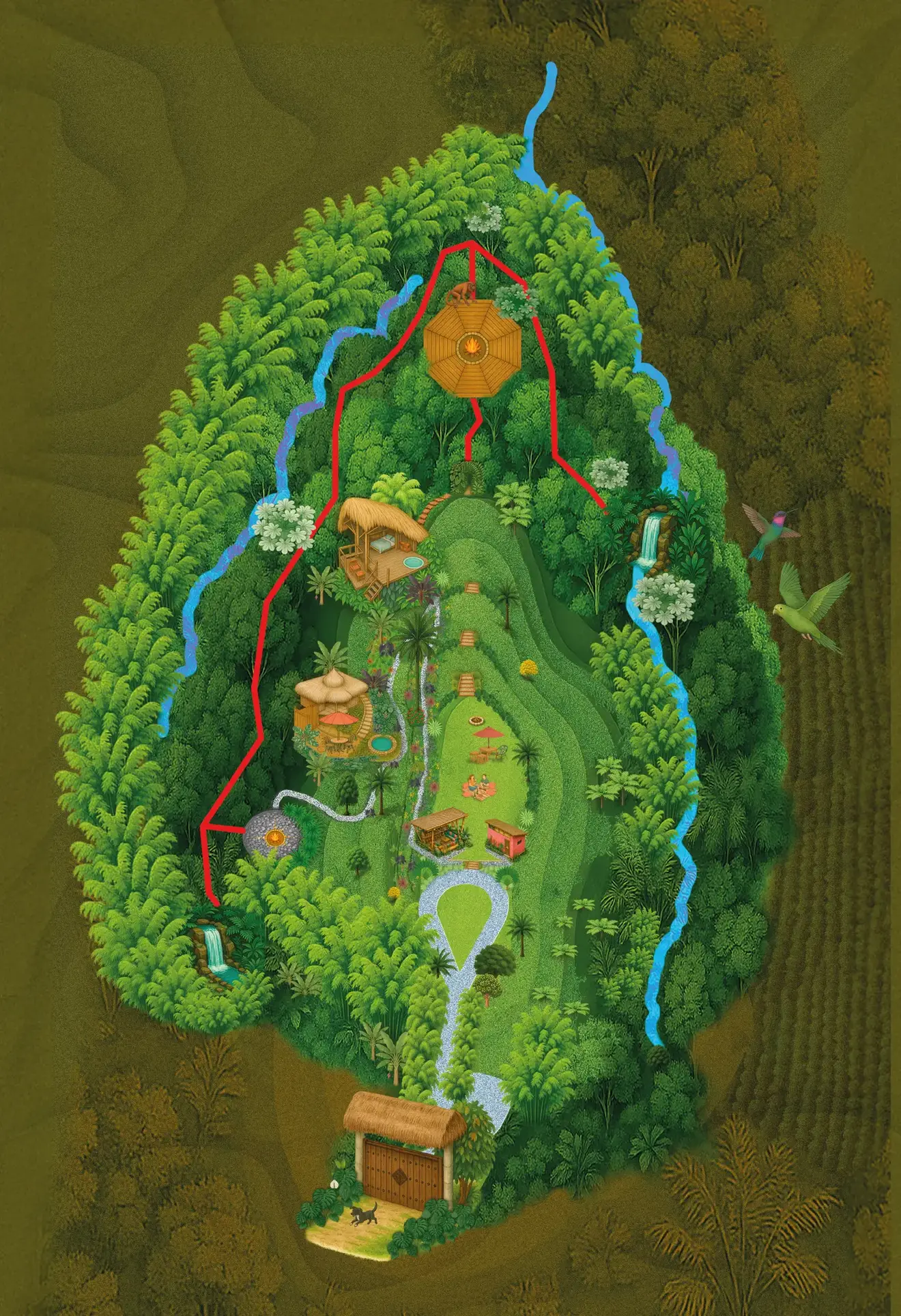 Mapa ilustrado de Bosque Secreto con los puntos de interés